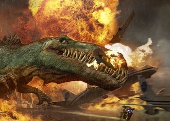 Огромный динозавр разрывает Боинг как консервную банку на артах фильма по мотивам Turok