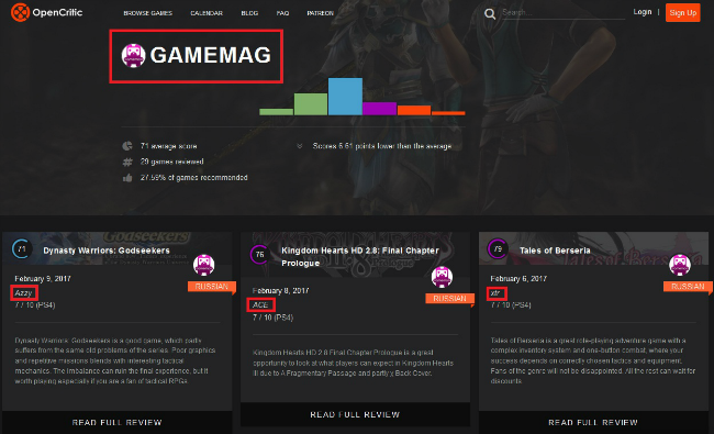 Страница GameMAG.ru на OpenCritic