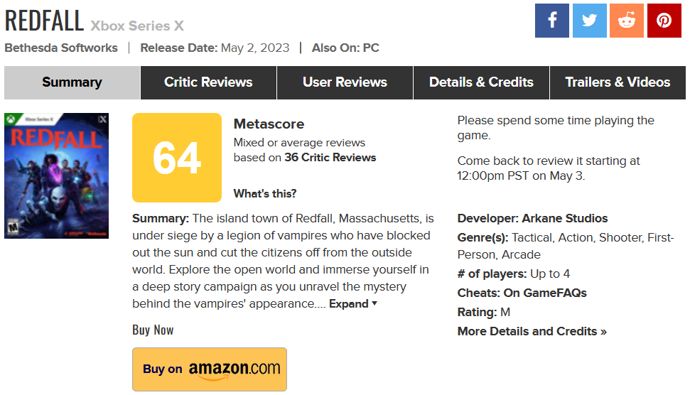 Рейтинг Xbox-эксклюзива Redfall на Metacritic упал ниже 60 баллов — с оценкам от игроков все еще хуже